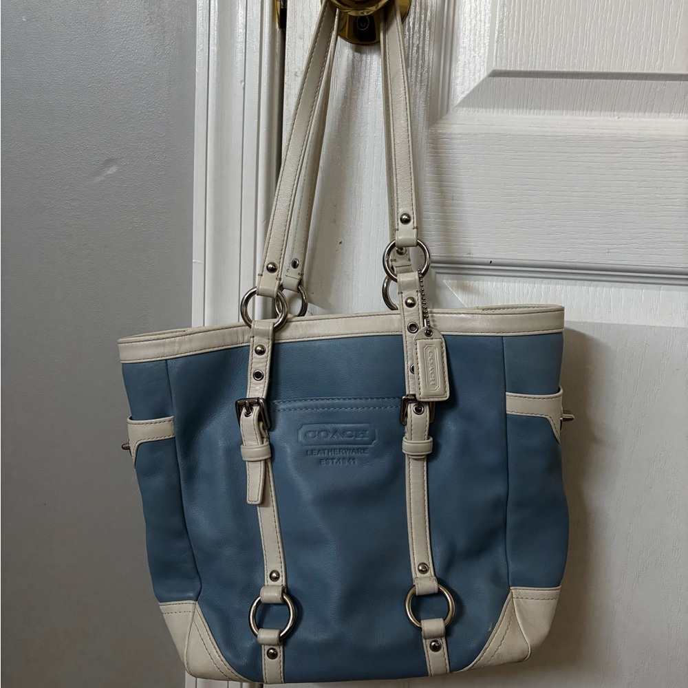 Vintage Coach Blue and Cream Tote Bag